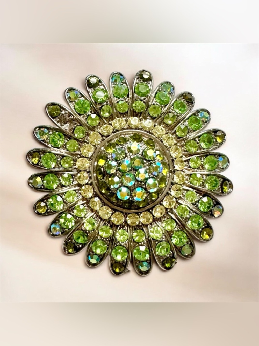 Vintage Green and yellow Rhinestones Flower Brooch/Pendant- 2 in 1